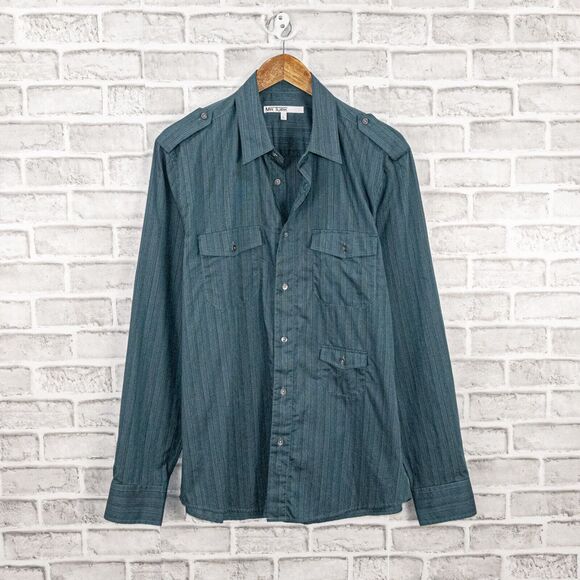 MR TURK Men's Button up Shirt Long Sleeve multi pocket Teal blue sz Large